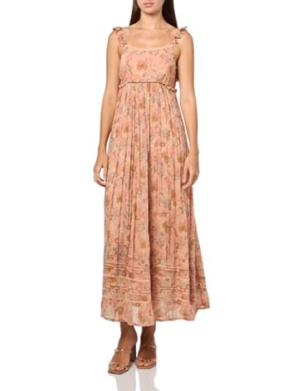 LUCKY Floral Pink Boho Maxi Dress with Ruffled Straps